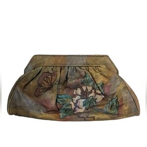 Vintage Boho Fancy Nancy Gold Metallic Leather Painted Handbag Purse Butterfly